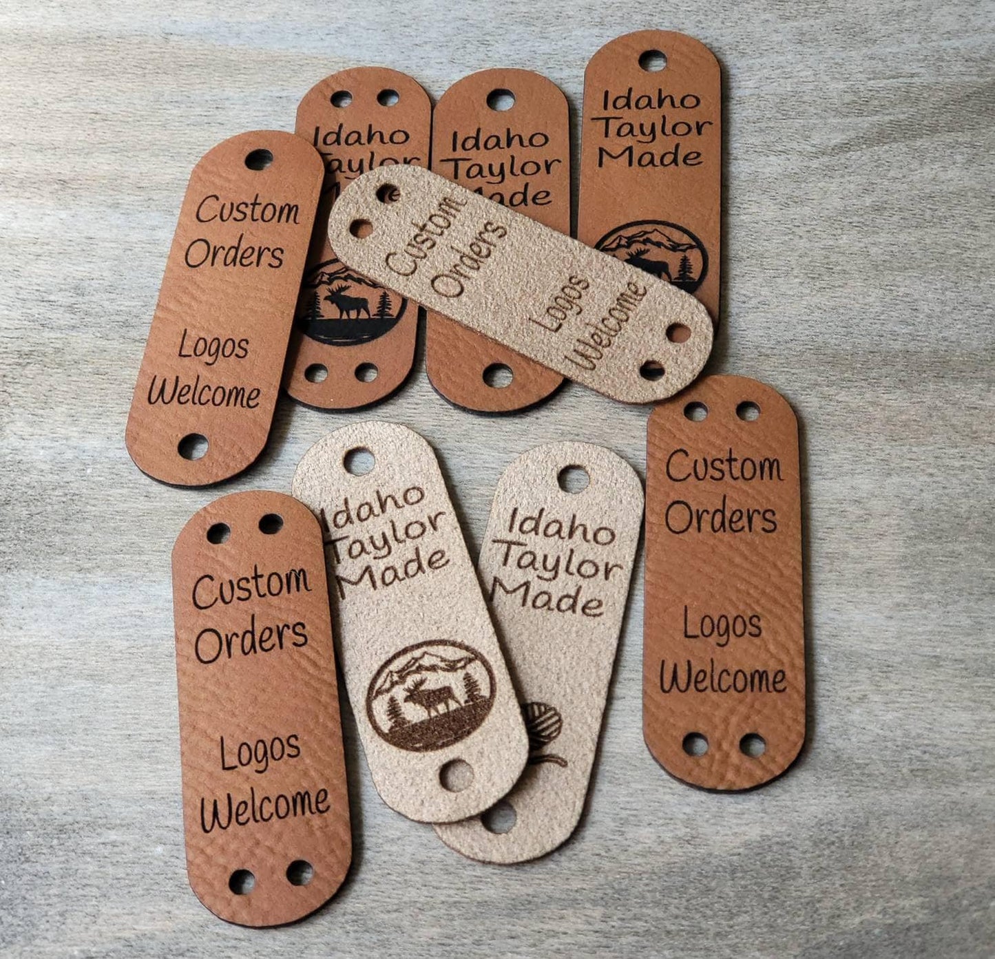 Custom Faux Leather Fold Over Tags! Sew On!  Ultrasuede Tags! Size  0.85" x 2.50"!  Round Edge! Knit hat tags!  Logos Welcome! Crochet beanie label! CUSTOM Tags! Round Edges! PERSONALIZE