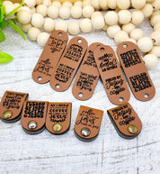 Jesus and Coffee faux leather fold-over tags shown flat and folded
