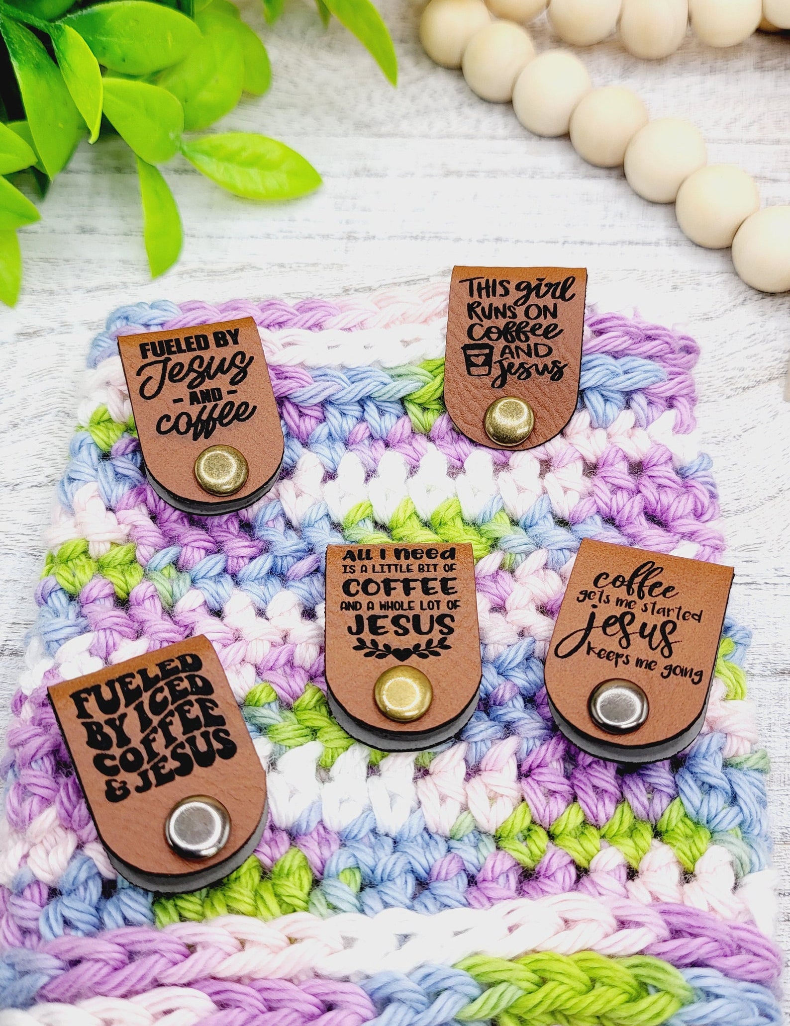 Five Jesus and Coffee sayings on folded faux leather tags