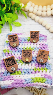 Five Jesus and Coffee sayings on folded faux leather tags