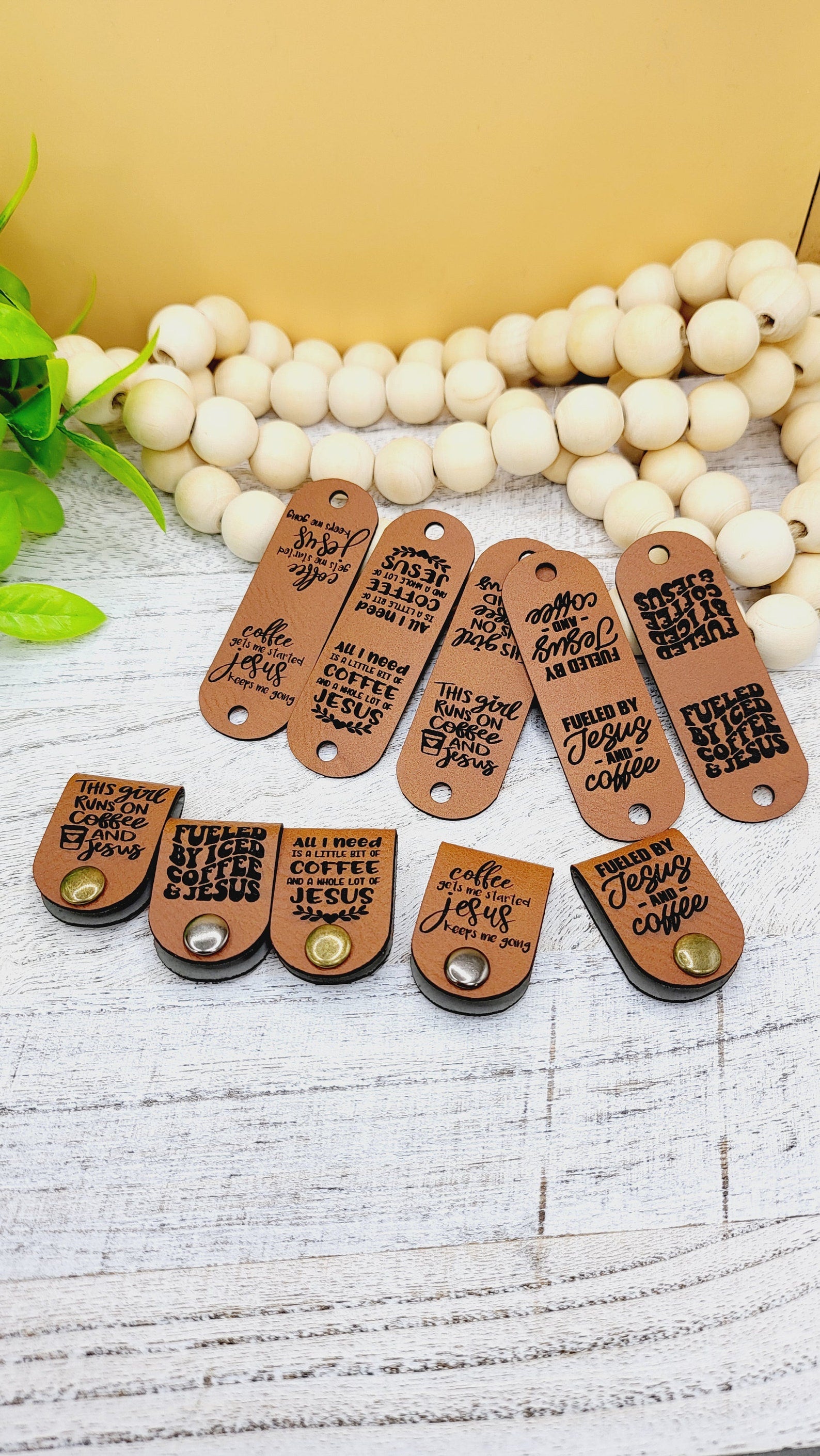 Jesus and Coffee tags with black engraving and rivet holes