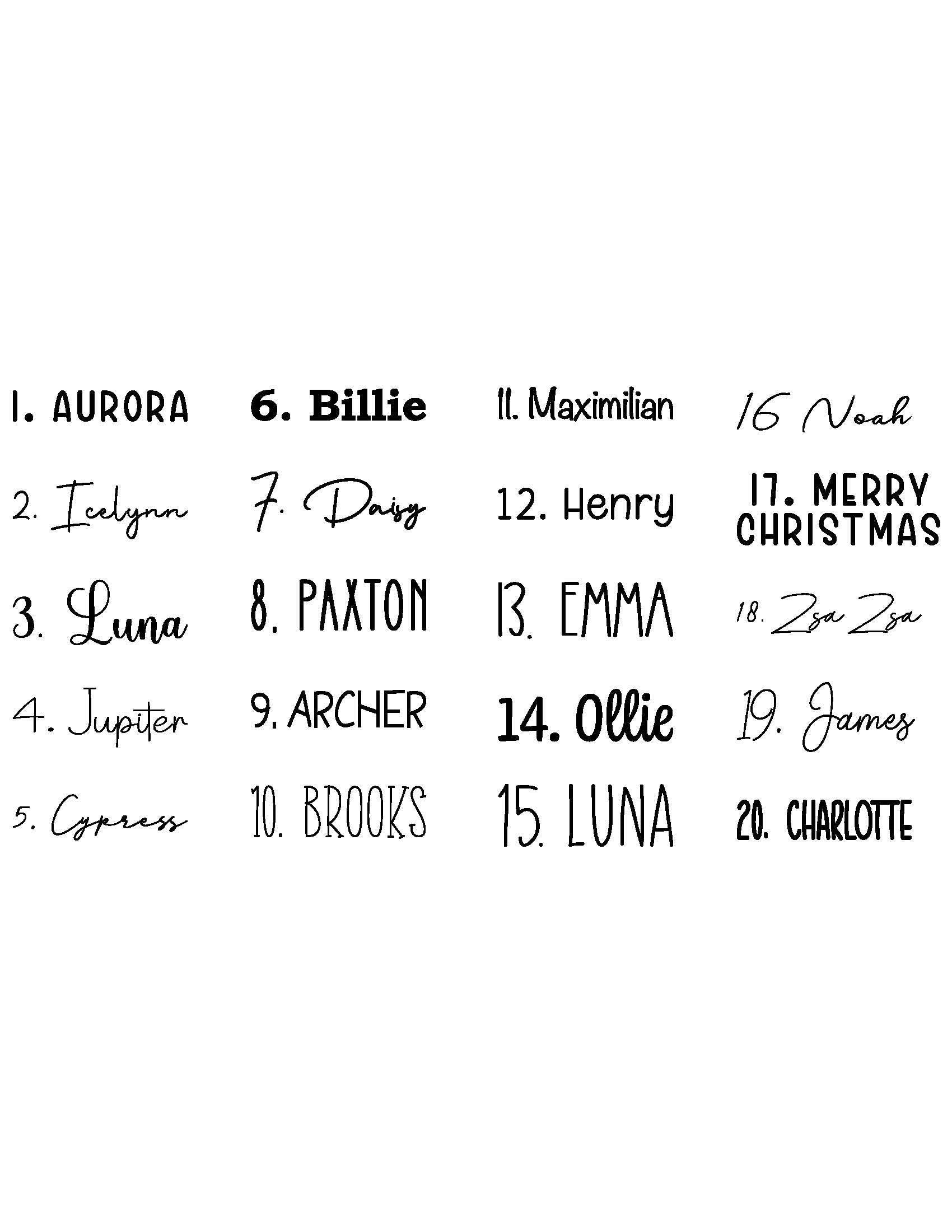 Numbered font choices 1 through 20 for personalized name patches