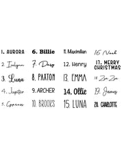 Numbered font choices 1 through 20 for personalized name patches