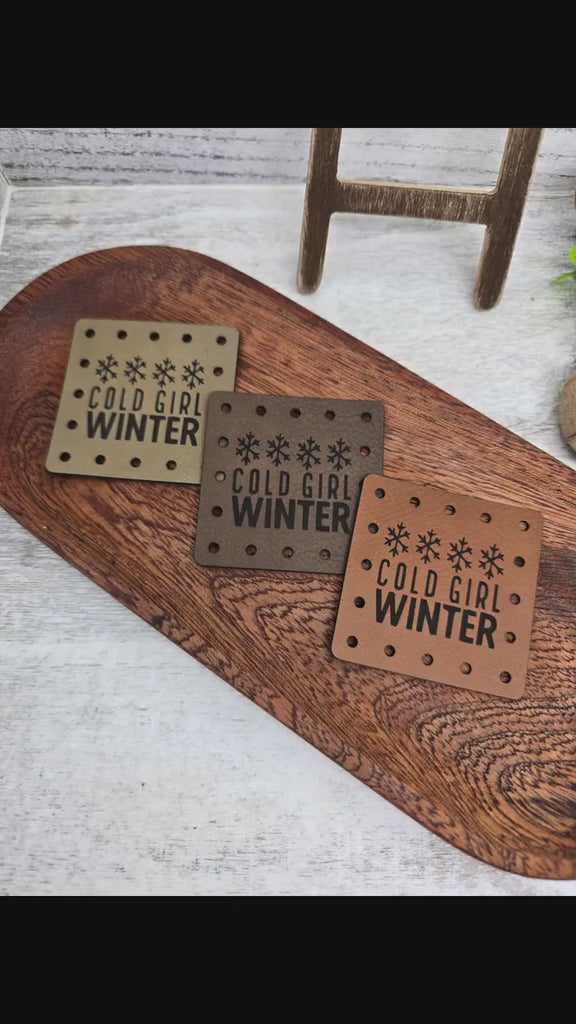 Cold Girl Winter Faux Leather Patches, Sew-On Snowflake Labels for Crochet and Knit Hats — product video