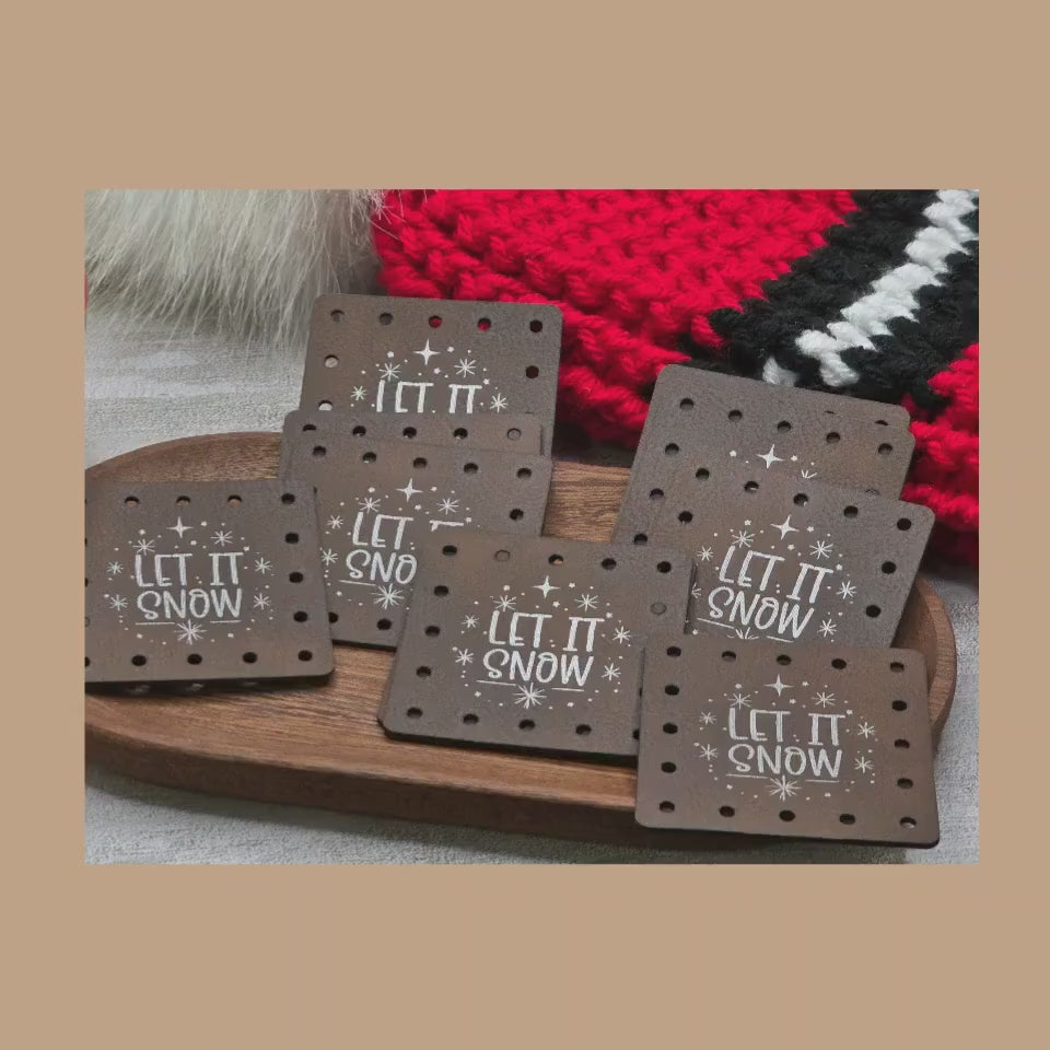 Let It Snow Faux Leather Patches, Winter Labels for Crochet and Knit Hats — product video