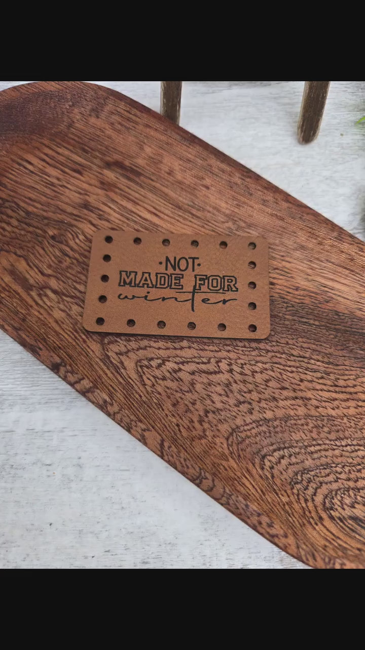 Not Made for Winter Faux Leather Patches, 2.5 x 1.5 Inch Sew-On Hat and Cup Cozy Labels — product video