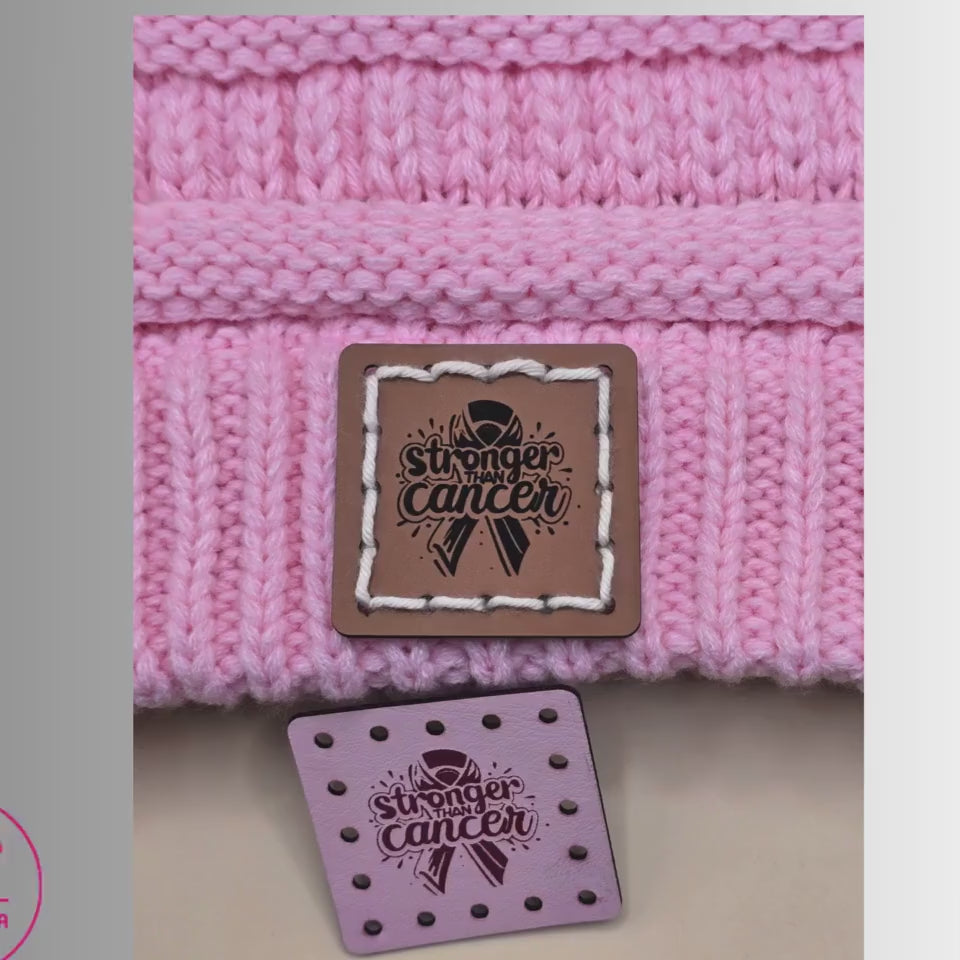 Stronger Than Cancer Faux Leather Patches – Sew-On Labels for Crochet & Knit Hats — product video