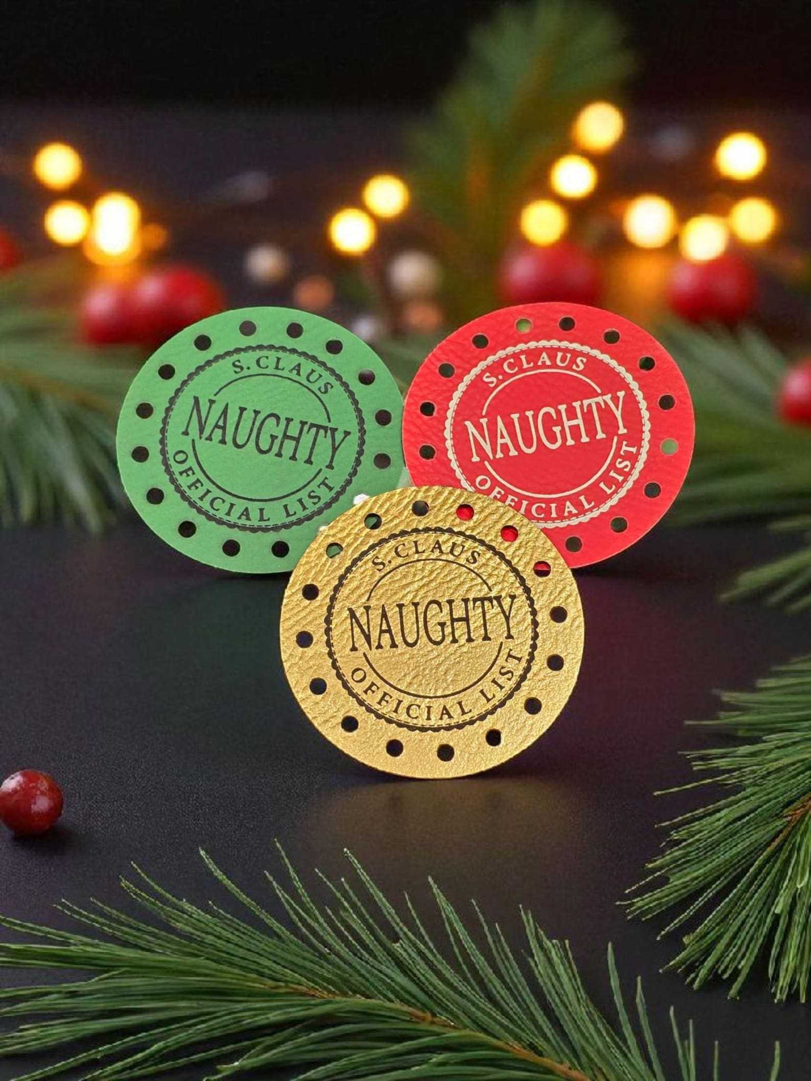 S. Claus Official Naughty List round faux leather sew-on patches, product photo 4