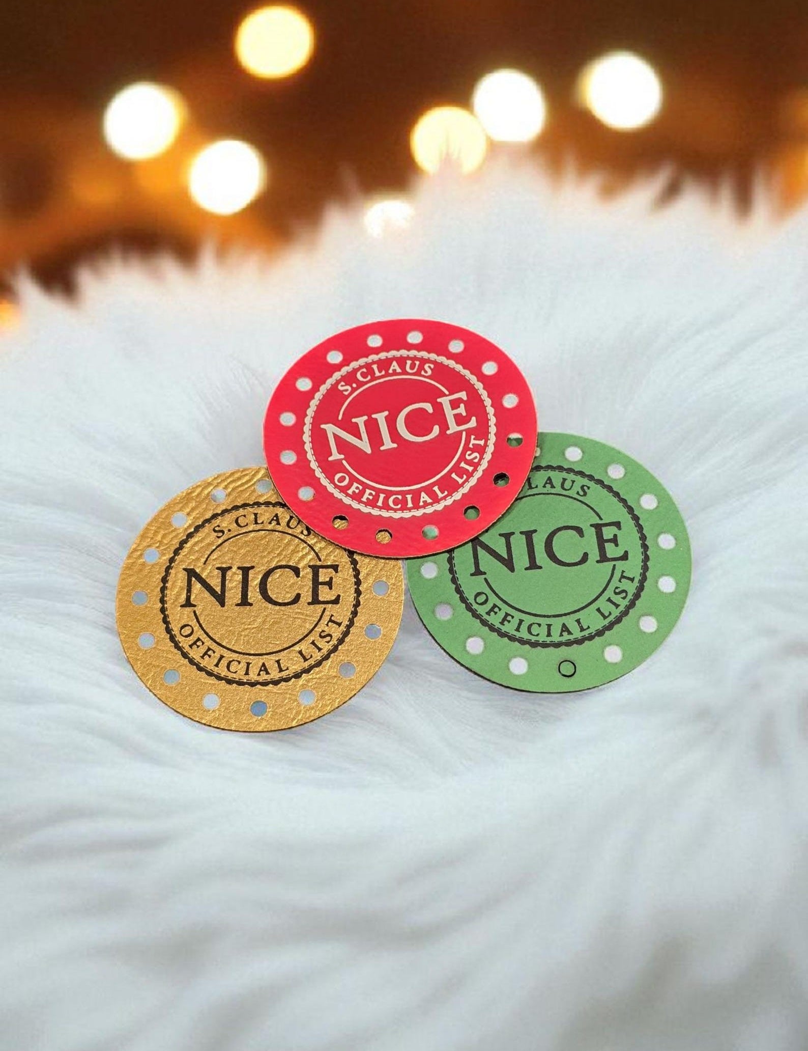 S. Claus Official Nice List round faux leather sew-on patches, product photo 1