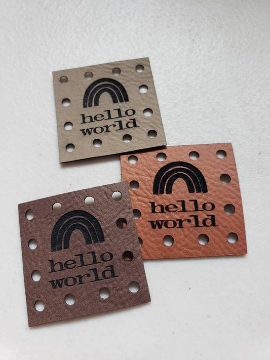 Hello World Rainbow Vegan Leather Patches! Beanie Patch! Knit Hat Patch! Blanket Patches! Crochet Beanie Patch!  Baby! BOHO! Cup Cozy Patch!