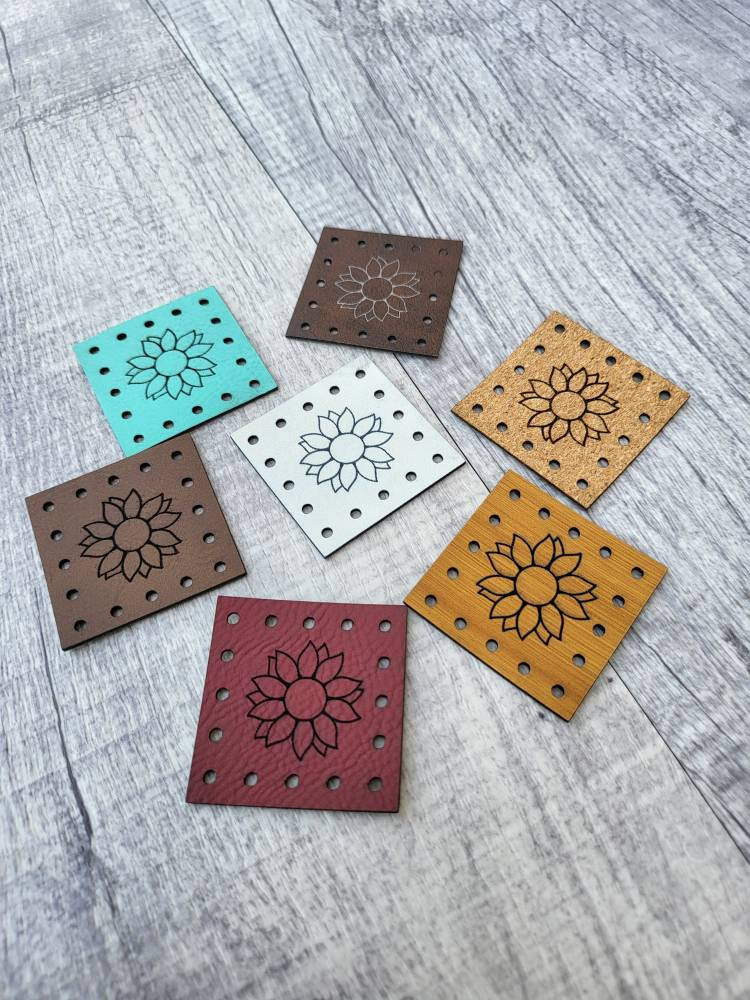 Sunflower! Faux Leather Patch! Ultrasuede Patch!  Knit Hat Patch! Plant Cozy Patch! Crochet Basket Patch! Crochet Beanie Patch!  Cup Cozy Patches! Flower!