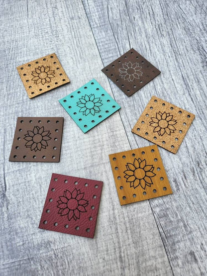Sunflower! Faux Leather Patch! Ultrasuede Patch!  Knit Hat Patch! Plant Cozy Patch! Crochet Basket Patch! Crochet Beanie Patch!  Cup Cozy Patches! Flower!