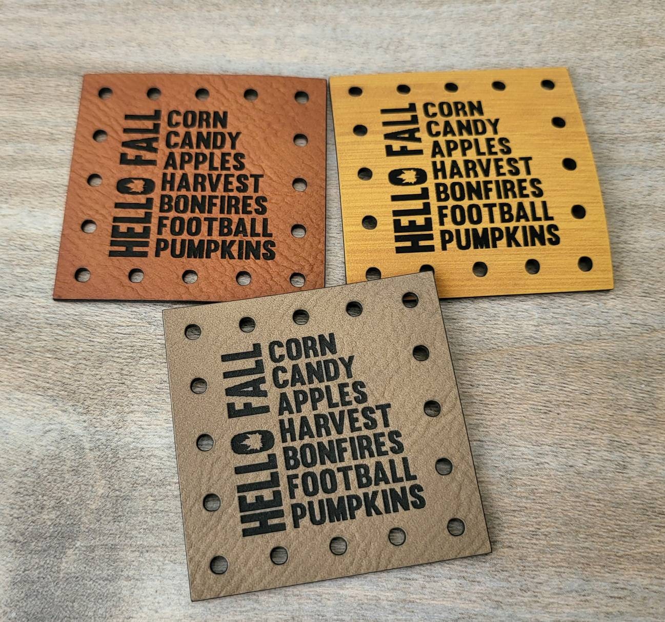 Hello Fall - Corn Candy Apples Harvest Bonfires Football Pumpkins! Faux Leather Patches! Crochet Patch! Knit Hat Patch! Fall! Harvest!  Autumn! Coffee Cup Cozy Patches!